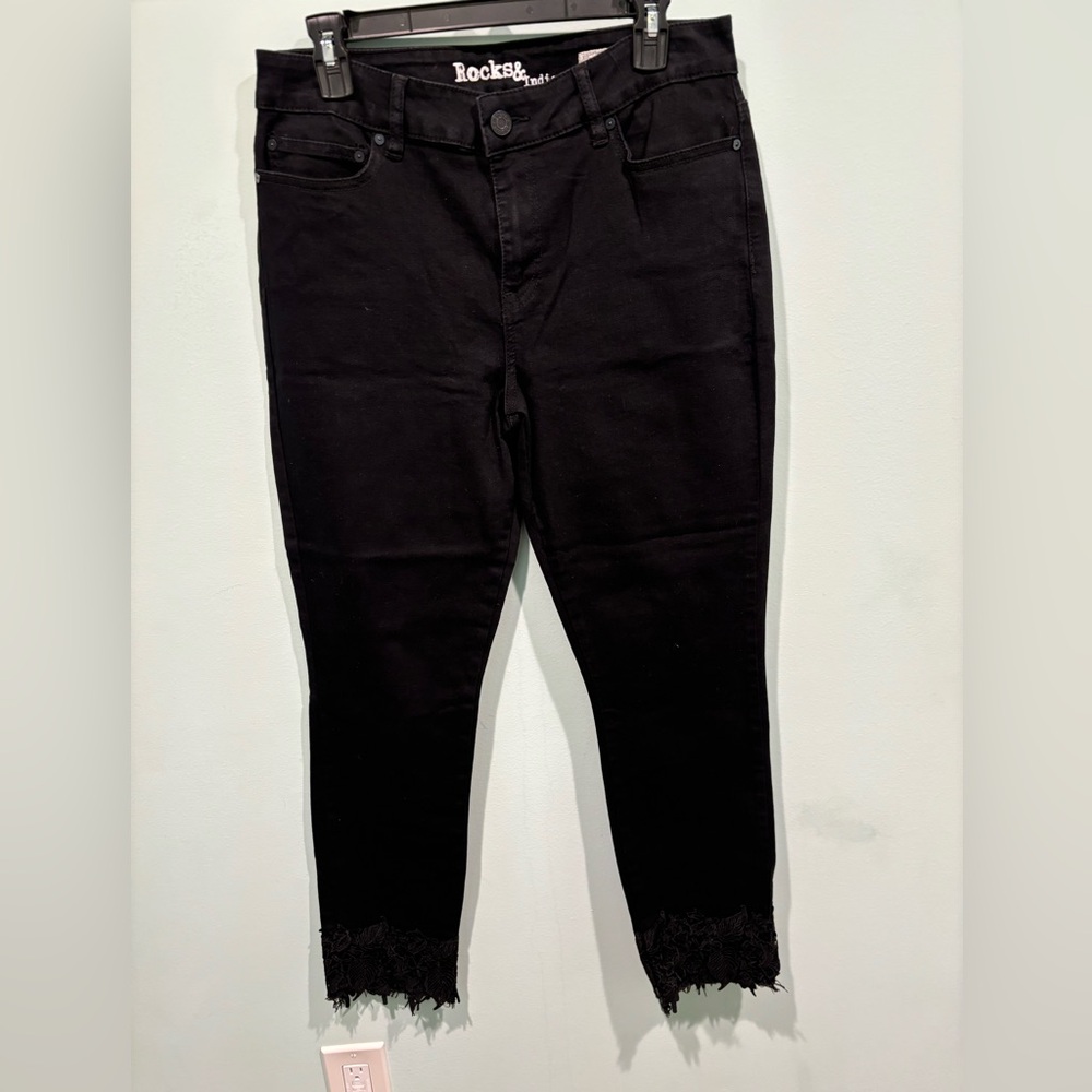 Rocks & Indigo NWOT black jeans with lace cuffs
